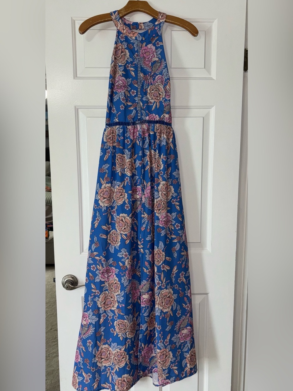 Blue Floral Halter Maxi Dress with Pink & Cream Flowers